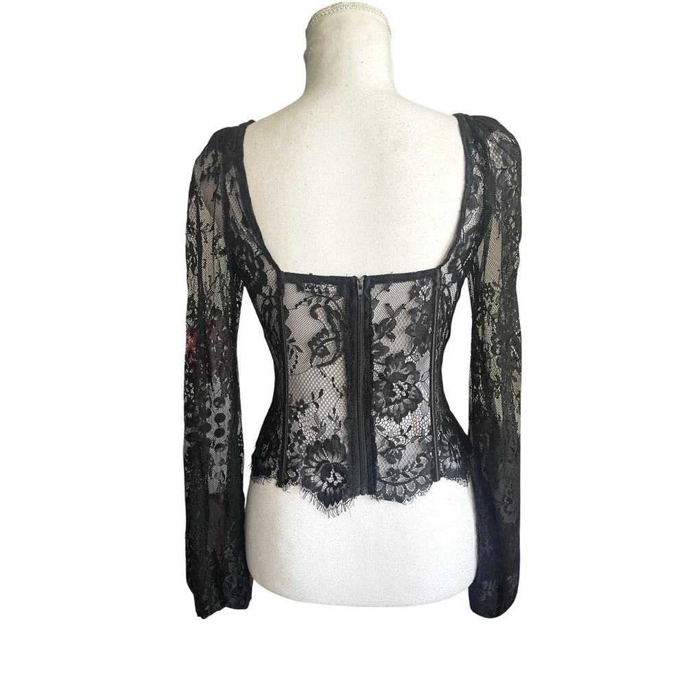 Black Sheer Lace Corset Top Boned Bustier Gothic Coquette Witchy Fairy Grunge M - Picture 7 of 13